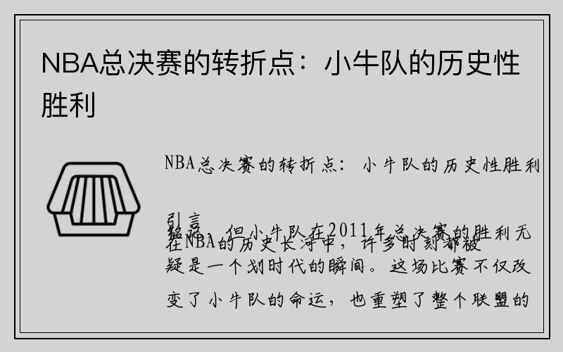 NBA总决赛的转折点：小牛队的历史性胜利