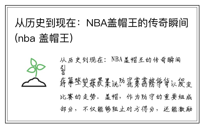 从历史到现在：NBA盖帽王的传奇瞬间(nba 盖帽王)